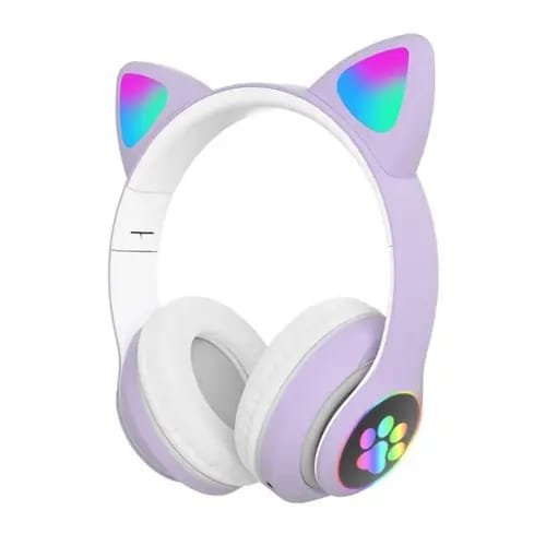 Cat Ear Wireless Headset Lavender Purple | RGB LED Lights | Bluetooth 5.0 + TF Card + Aux | Foldable | For Girls, Kids, Gaming